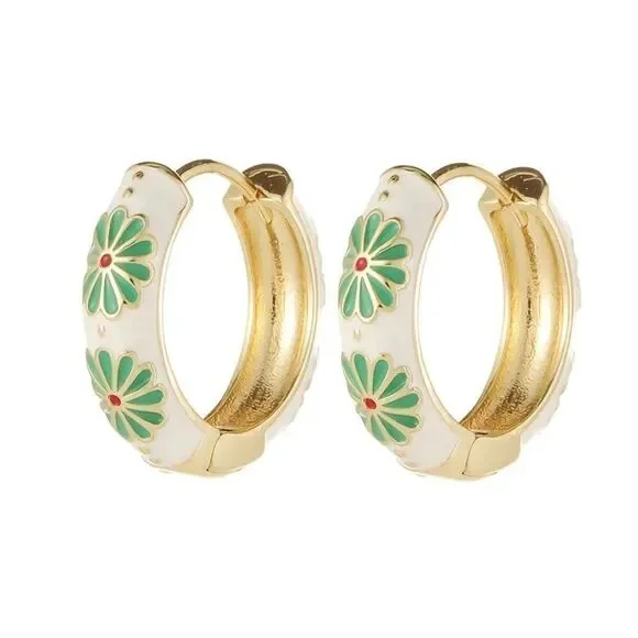 White and Green Enamel Huggie Earrnings #632 - Picture 3 of 5